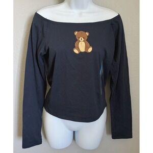 Modern Lux Graphic Tee Shirt Womens Large Navy Blue Long Sleeve Teddy Bear NEW!